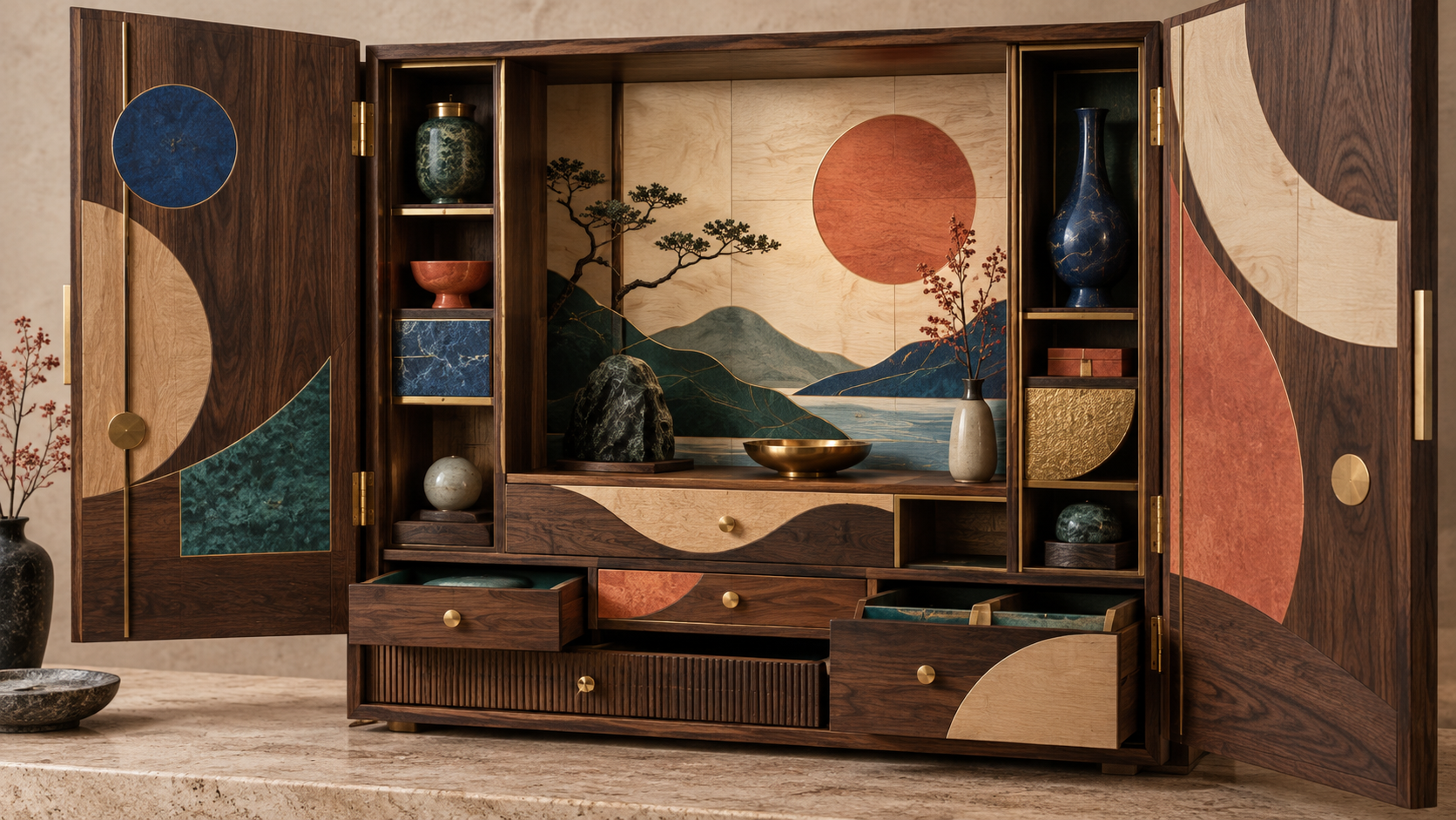 An open walnut cabinet artwork with maple marquetry and colorful enamel inlays